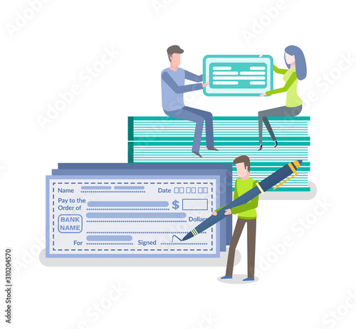 Banking people vector, man and woman with credit card flat style. Isolated person signing check with pen, credit card made of plastic bank services