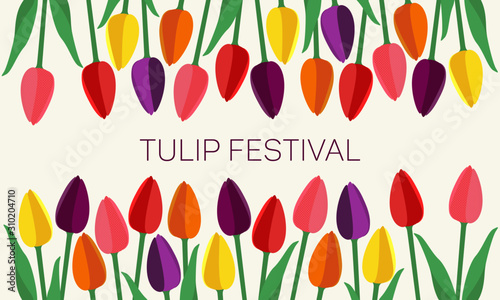 Multi-colored tulips of simple form frame above and below. In the middle is inscription. Cute image is suitable for banners, cards. The concept of spring, summer. Red, yellow, orange, violet shades.