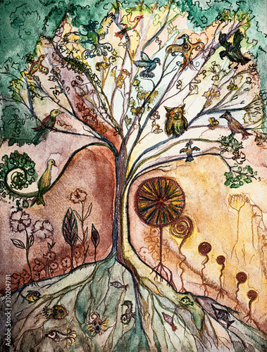 Canvas Print Fresco of tree of life with flock of birds