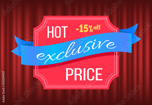 Sale on market vector, banner with stripes. Lowering of prices, costs reduction for clients and customers of shops and stores. Red curtain background