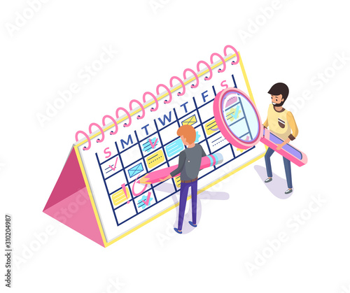 People making plan, time management vector. Workers writing date and plan, man holding magnifying glass and looking appointment, business schedule
