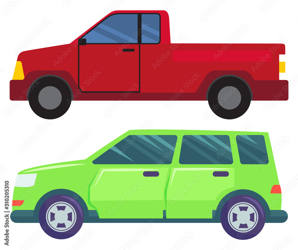 Two cars isolated on white background. Green large minivan or multi purpose vehicle. Red american pickup with big boot. Auto to drive and get your destination quickly. Vector illustration flat style