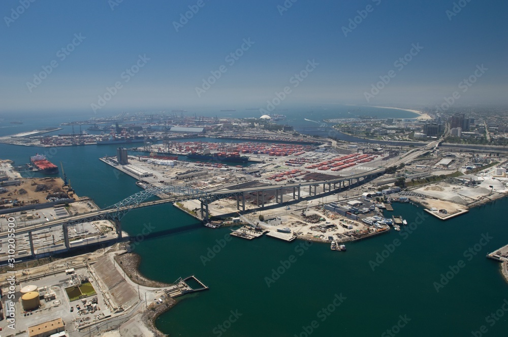 Aerial view of industrial area and docks in California