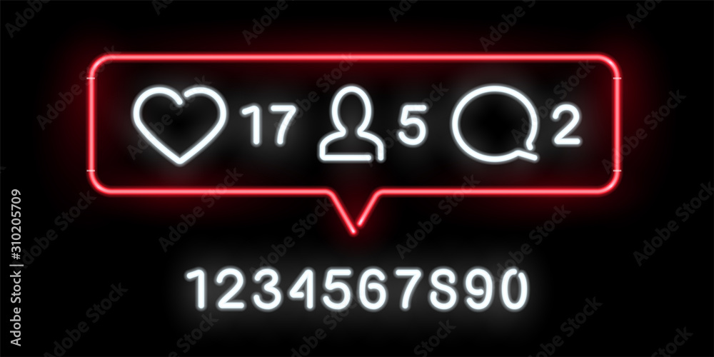 Social network activity indicators neon icon. Likes, comments, followers quantity significative. Notification with heart, user and speech cloud. Profile management, account overview.