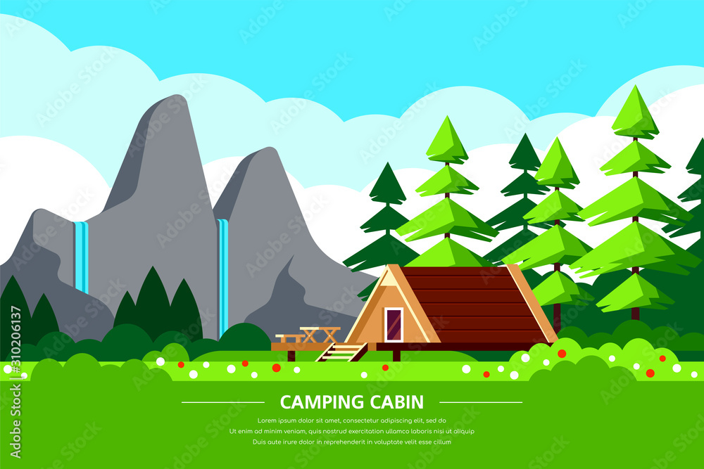 Naklejka premium Camping cabin banner design, flat style illustration