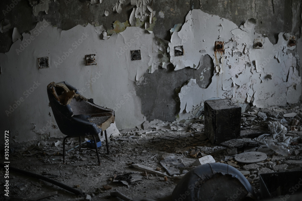 danger empty destroyed room with chairs and broken wall during war