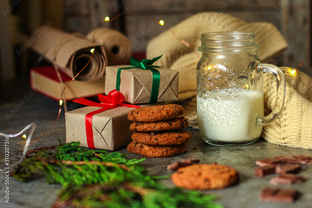 milk and cookies (presents, hollyday, sweets snack) menu concept. food background. top view. copy space