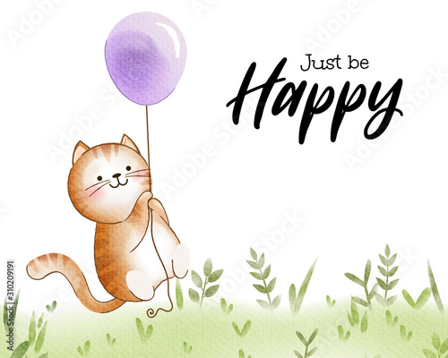 Paper craft of water color cat with balloon greeting card.
