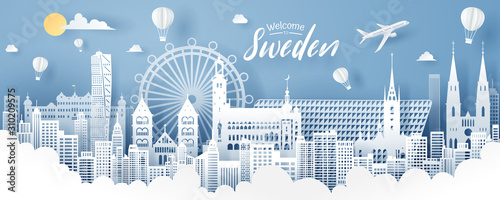 Paper cut of sweden landmark, travel and tourism concept. photo