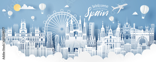 Paper cut of Spain landmark  travel and tourism concept.