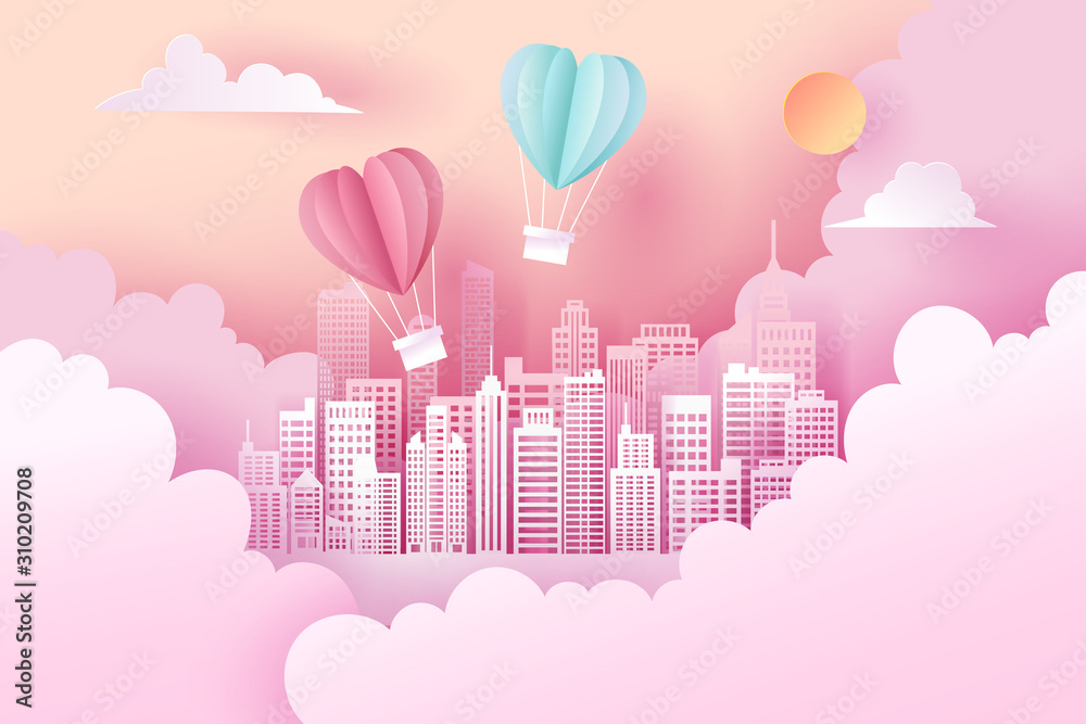 Vector paper art and landscape, digital craft style of Valentine's Day