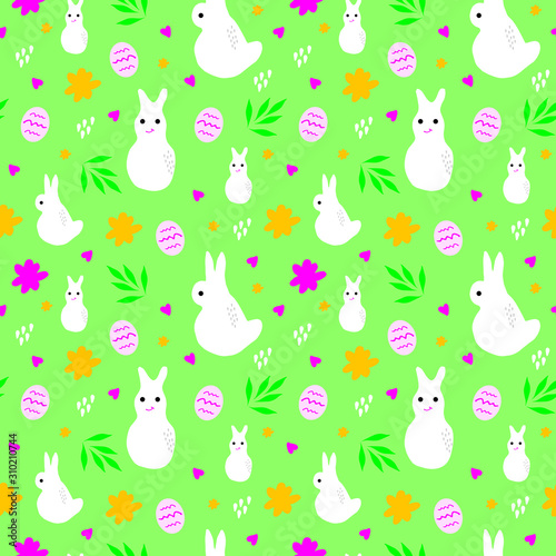 sweet Easter seamless pattern with Easter bunny and eggs in vector. Easter background in doodle style in vector