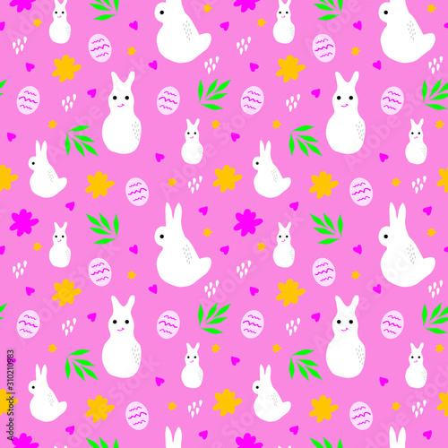  sweet Easter seamless pattern with Easter bunny and eggs in vector. Easter background in doodle style in vector