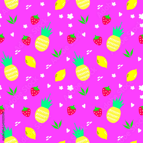 pineapple, lemons and strawberry seamless pattern vector. summer background for wrapping, fabric, textile, wallpaper in doodle style in vector