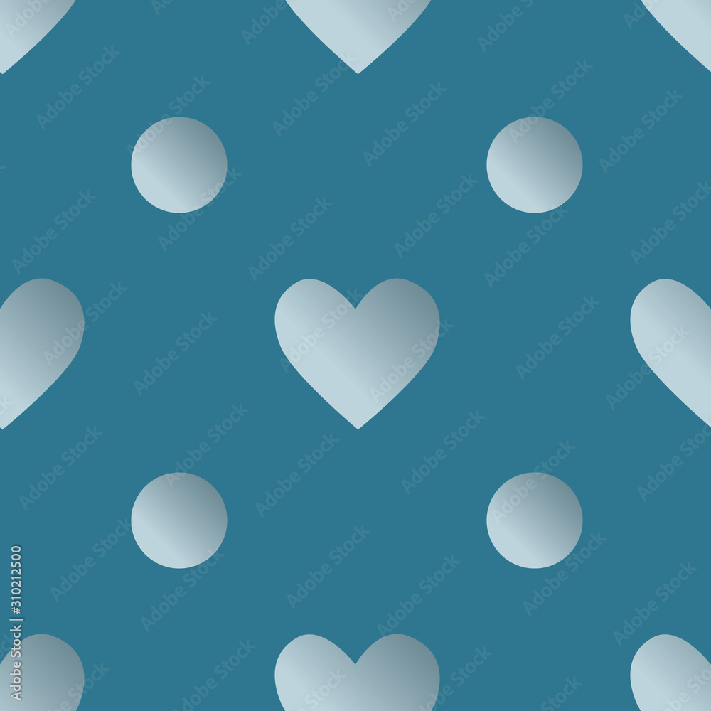 Seamless pattern with silver gradient hearts and dots on the blue background. Cute ornament for cards, banners, invitation, scrapbook, wrapping paper, packet, textile. Vector illustration