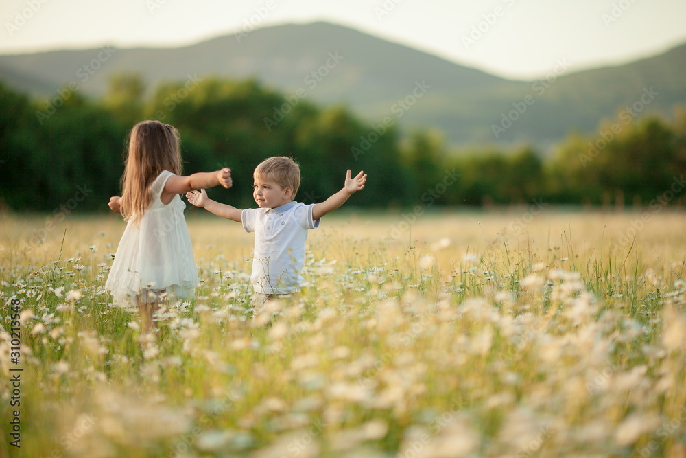 Children a boy and a girl hug and kiss each other amicably in a flowering field against the backdrop of hilly mountains Children a boy and a girl hug and kiss each other amicably in a flowering field against the backdrop of hilly mountains