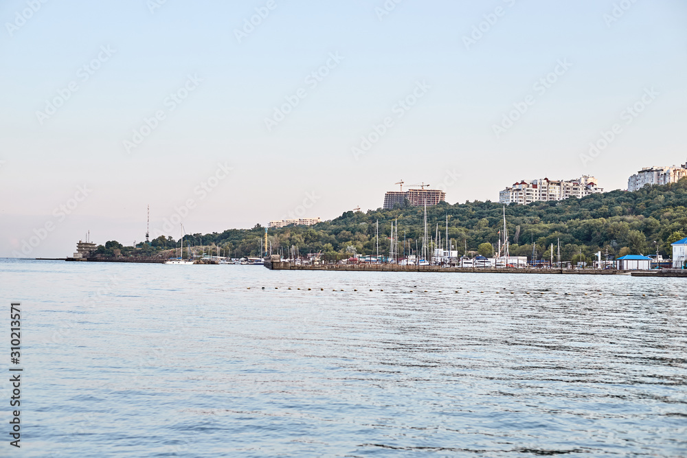 Odessa, Ukraine, Black sea. June 2019. Coastline of the beach. View from a boat.