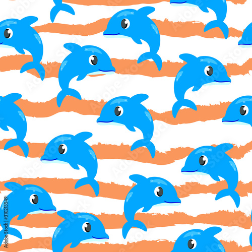 seamless pattern  background with dolphins and waves . Concept for textile  cards  print  wallpapers  wrapping paper 