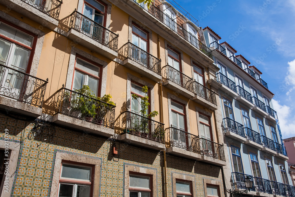 Architecture of the antique buildings at Lisbon city center