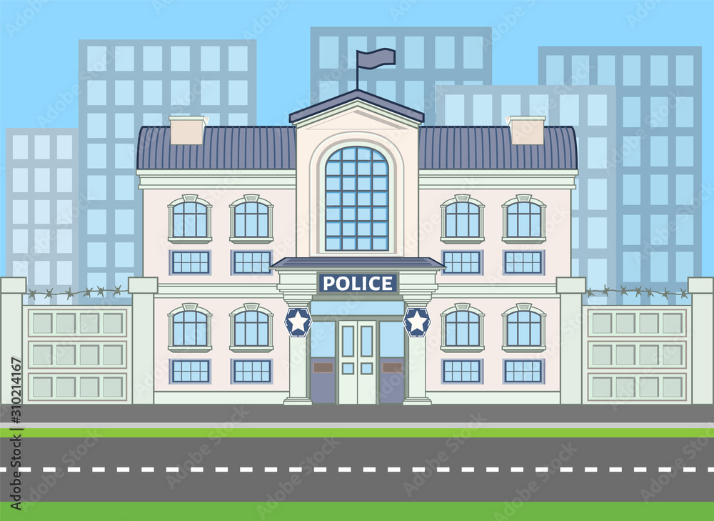 Colored police building near the road with enclosure and city silhouette. Vector illustration in flat style with outlined stroke. City street life banner. Gendarmerie area with protection barrier Colored police building near the road with enclosure and city silhouette. Vector illustration in flat style with outlined stroke. City street life banner. Gendarmerie area with protection barrier