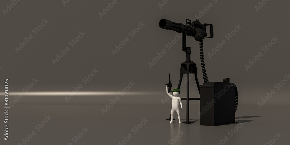 3d illustrator group of career symbols on a gray background, 3d rendering of the Soldiers and weapons of war. Includes a selection path.