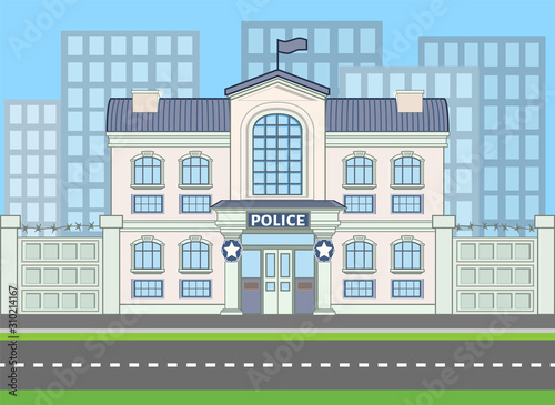 Colored police building near the road with enclosure and city silhouette. Vector illustration in flat style with outlined stroke. City street life banner. Gendarmerie area with protection barrier