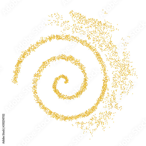 Background plume golden texture spiral crumbs. Gold dust scattering on a white background. Sand particles grain or sand assembled. Vector backdrop dune, pieces abstraction. Illustration grunge design