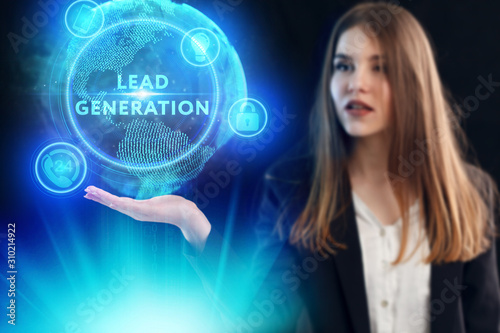 Business, Technology, Internet and network concept. Young businessman working on a virtual screen of the future and sees the inscription: Lead generation