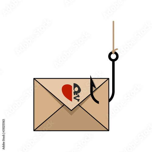Concept of Phishing. Envelope and fishing pin illustration. Flat style. Isolated. 
