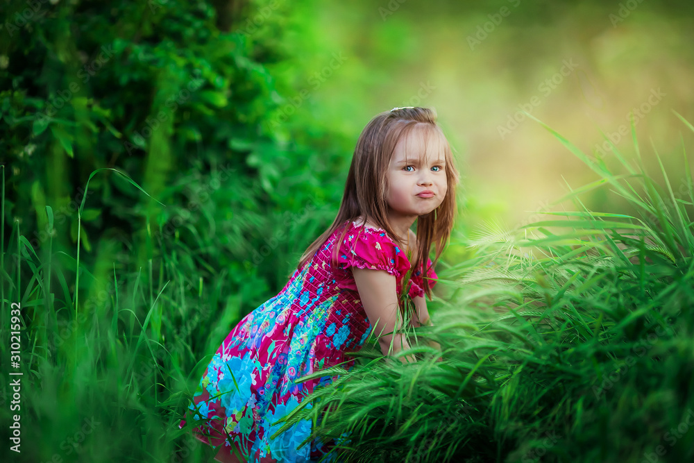The girl is hiding in a thicket of thick green grass in the forest. The girl is hiding in a thicket of thick green grass in the forest.