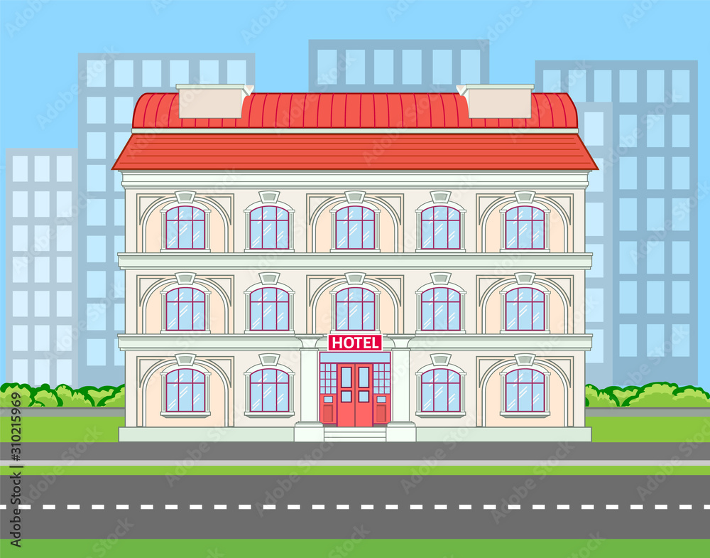 Colored hotel building near the road with shrubs and skyscrapers silhouette. Vector illustration in flat style with outlined stroke. Street downtown billboard. Municipal modern city life banner. Colored hotel building near the road with shrubs and skyscrapers silhouette. Vector illustration in flat style with outlined stroke. Street downtown billboard. Municipal modern city life banner.