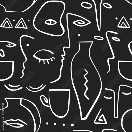 Vector seamless pattern. Line art expressive print with human faces.