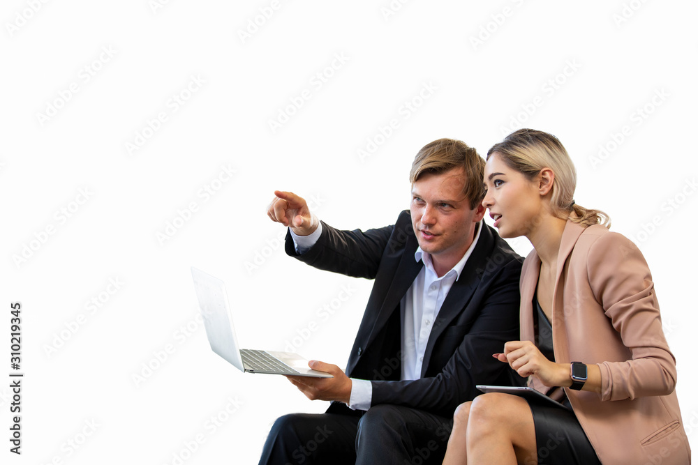 portrait of businessman and women with laptop on white background portrait of businessman and women with laptop on white background