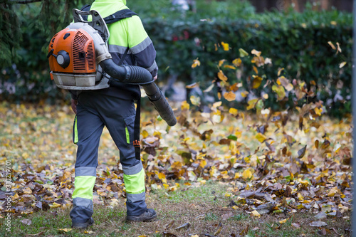 Gardener blowing park leaves.