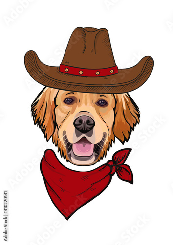 Vector cartoon portrait drawing of a smiling yellow dog breed Golden Retriever in a cowboy hat and bandana around his neck.Hipster dog in hat and red neckerchief.