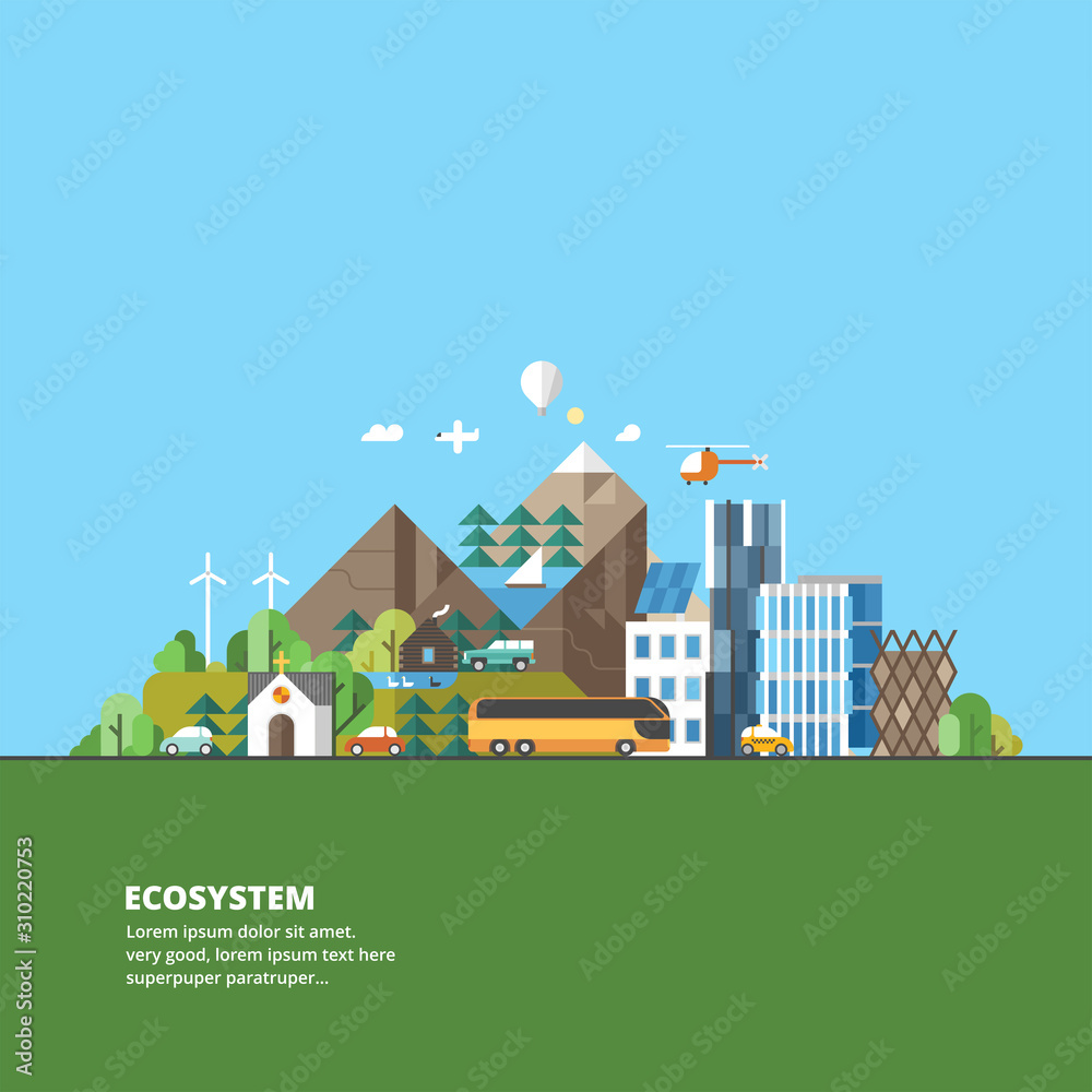 Abstract illustrations - Ecologically clean nature and modern city. Transport. Renewable energy. Ecosystem infographics