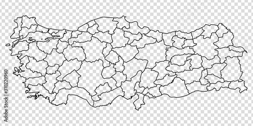 Blank map of  Turkish Republic. High quality map of  Turkey with provinces on transparent background for your web site design, logo, app, UI. Stock vector.  EPS10. 