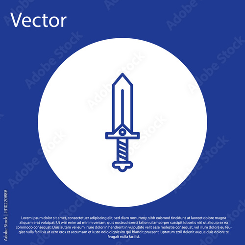 Blue line Sword for game icon isolated on blue background. White circle button. Vector Illustration