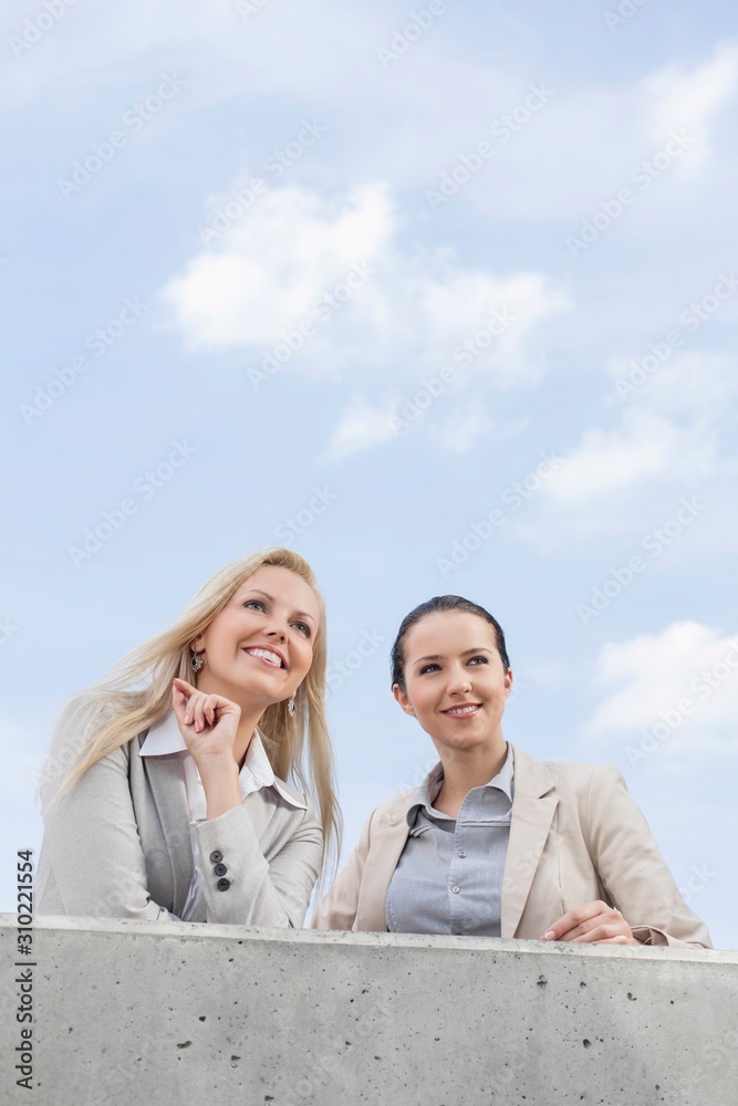 Low angle view of happy young businesswomen looking away while standing on terrace against sky