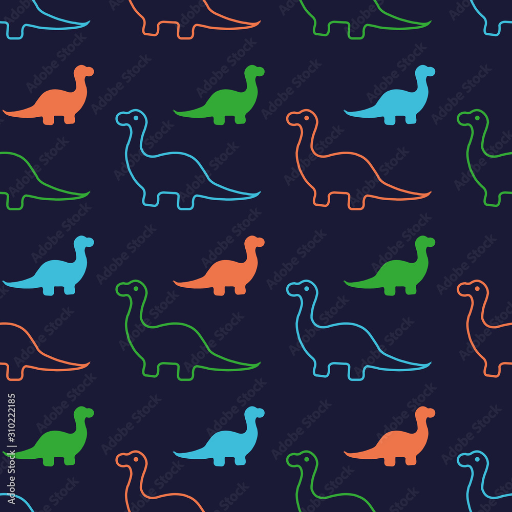 Vector dinosaur outline and silhouette seamless pattern background. Perfect for fabric, scrapbooking, wallpaper projects.