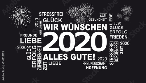 2020 - gute wünsche mit feuerwerk in schwarz/weiss