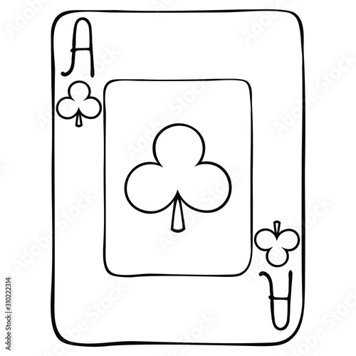 Card playing ace of clubs. Face. Divination. Magic tricks. Poker. Bridge. For coloring.
