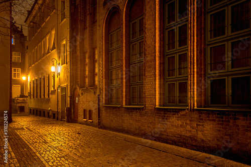 Dziana Street at night in Old Town of Gdansk. Poland, Europe
