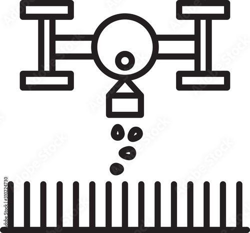 Black line Smart farm with drone control for seed planting icon isolated on white background. Innovation technology for agricultural company. Vector Illustration