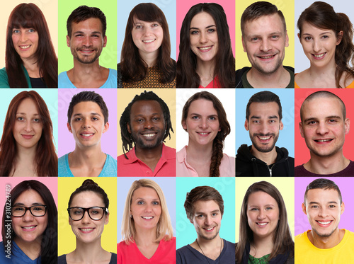 Collage group portraits of multiracial multicultural young smiling people background faces
