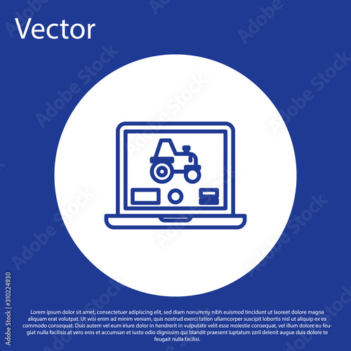 Blue line Laptop application for control a autonomous tractor on a smart farm icon isolated on blue background. Smart agriculture implement. White circle button. Vector Illustration