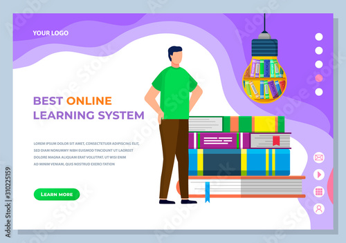 Best online learning system of man educating with books. Creative idea with training service and ebook. Notebook innovation and support. Website or landing page flat style, webpage template vector