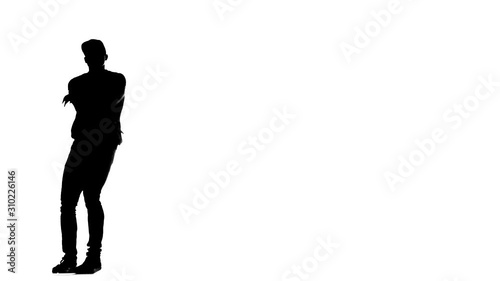 black silhouette on a white background, guy dancing break dance, hip hop, street dancing in the studio, isolated