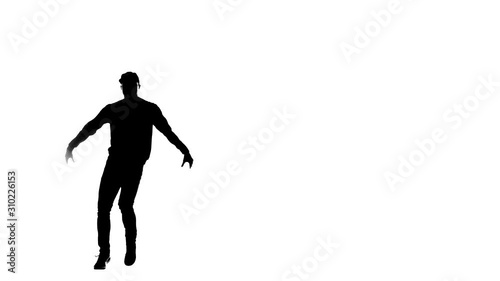 black silhouette on a white background, guy dancing break dance, hip hop, street dancing in the studio, isolated