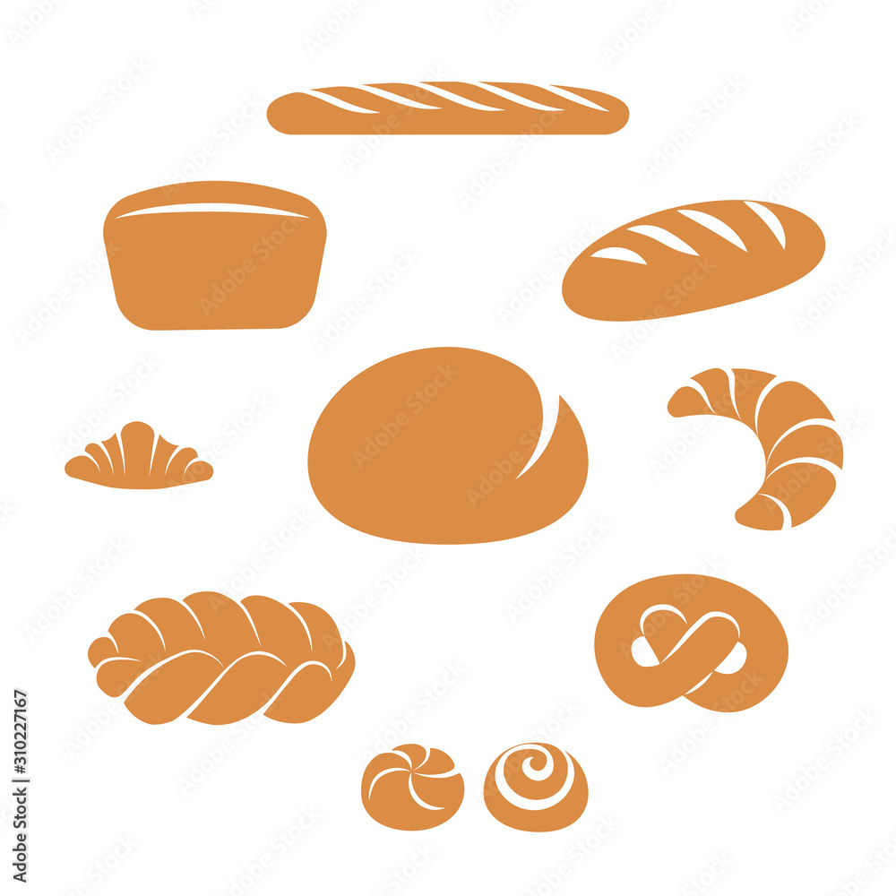 Simple flat bakery items set isolated on white background. Bread assortment vector illustration Simple flat bakery items set isolated on white background. Bread assortment vector illustration